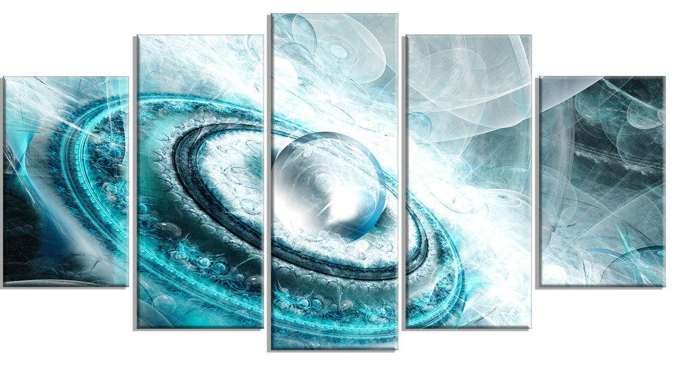Blue Fractal Flying Saucer, Large Floral Canvas Art Print, 60"x32", 5 Panels