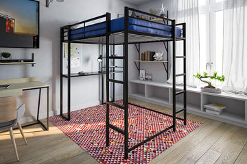 Sleek Full Size Metal Loft Bed with Built-In Desk, Safety Guardrails, Black
