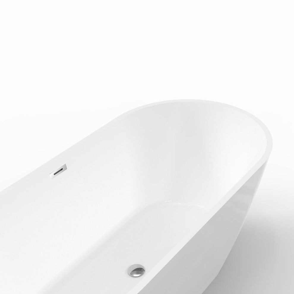 Acrylic Freestanding Bathtub, Oval Glossy White With Drain and Overflow Cover, 59"