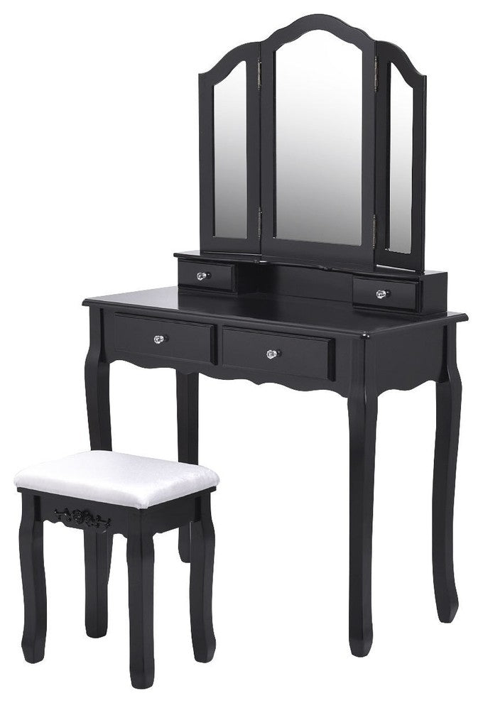 Compact Style Tri-Folding Mirror Vanity Table Stool Set With 4 Drawers, Black