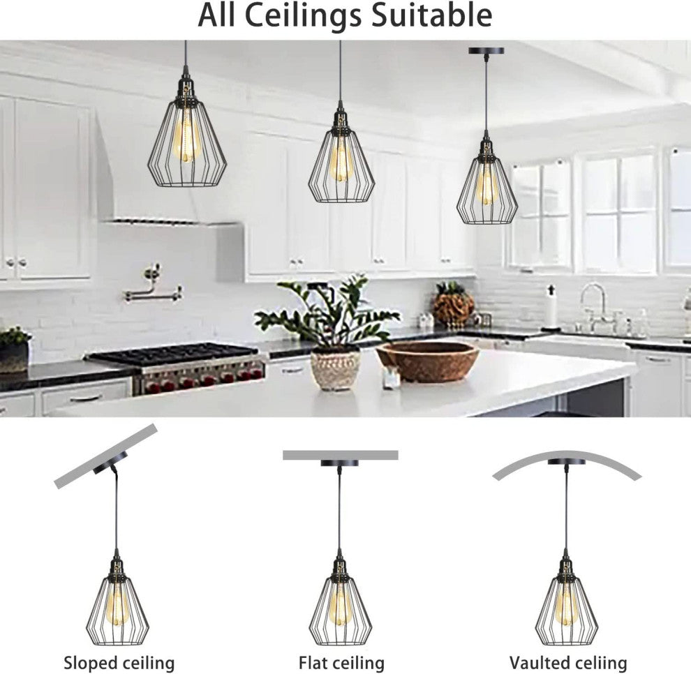 Vintage Industrial Pendant Light Adjustable Black Cage Hanging Lighting