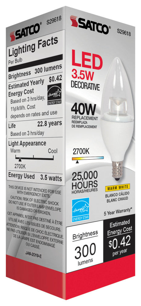 3.5W LED Candle, 2700K, Candelabra Base, 120V