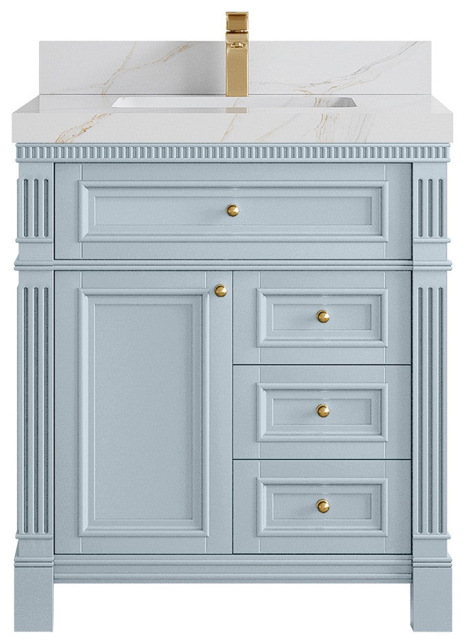 Paris 30" Single Sink Bathroom Vanity, Blue Heather 2" Calacatta Sienna