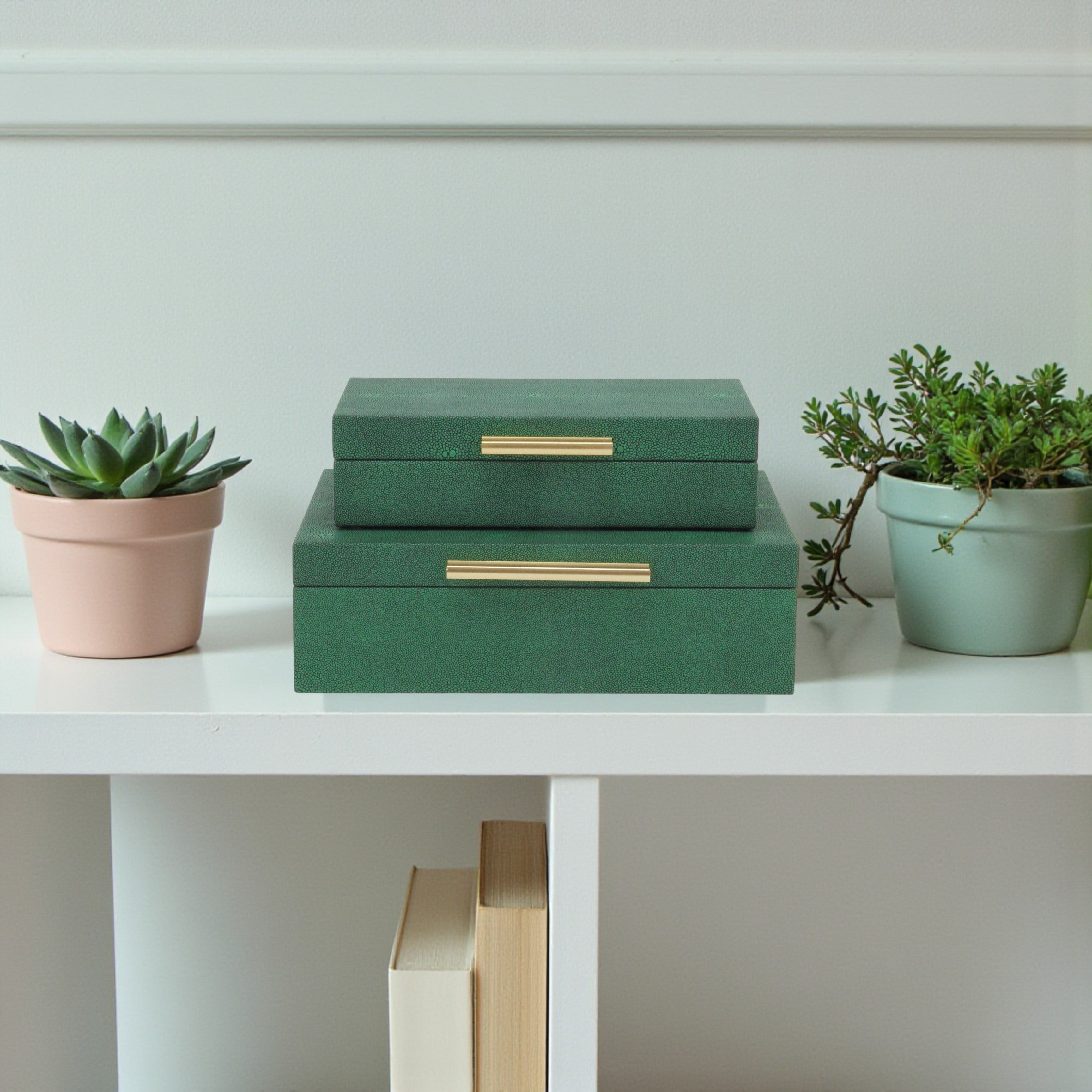 Lusan Rectangular Decorative Box Set, Green Faux Shagreen