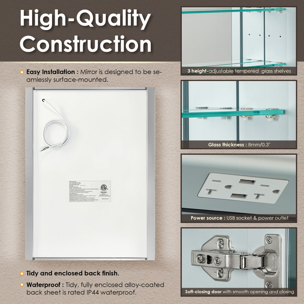 Serra Frameless Surface-Mount LED Lighted Bathroom Medicine Cabinet, 24"