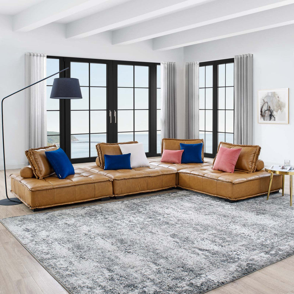 Modular Deep Tufted Sectional Sofa Set, Tan, Fabric, Modern, Lounge Hospitality