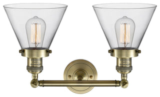 2-Light Large Cone 18" Bath Fixture, Antique Brass, Glass: Clear
