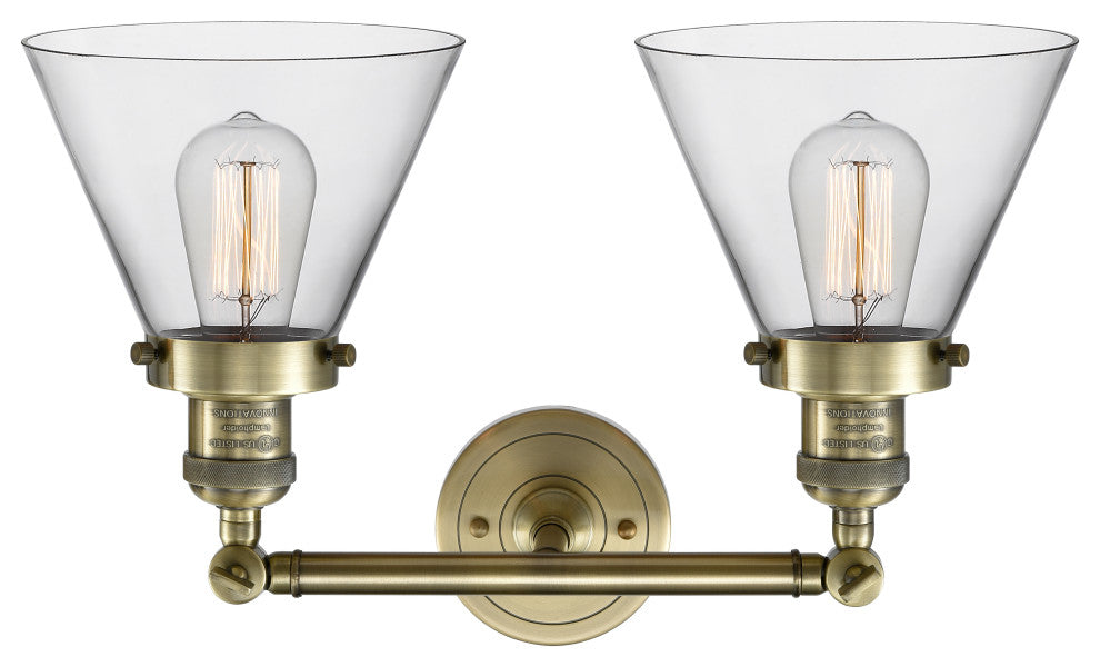 2-Light Large Cone 18" Bath Fixture, Antique Brass, Glass: Clear
