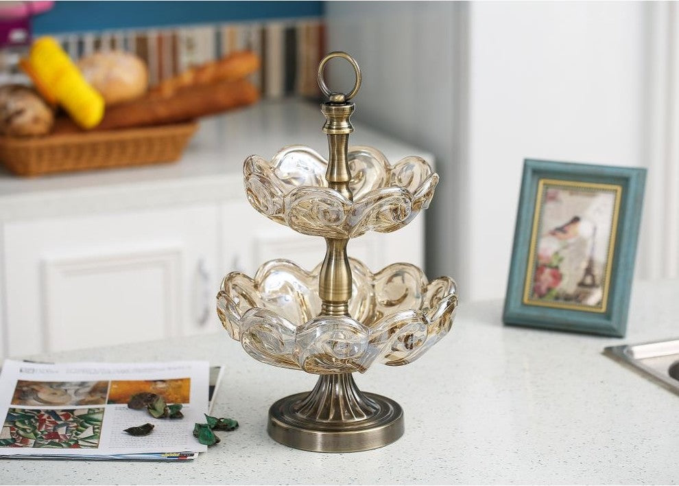 Matashi 2-Tiered Vintage High Quality Champagne Colored Glass Candy Dish