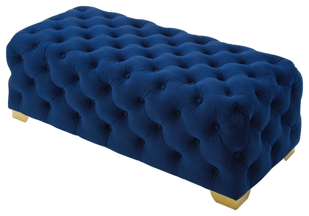 Modern Lounge Accent Chair Bench, Velvet Fabric Metal Steel, Navy Blue