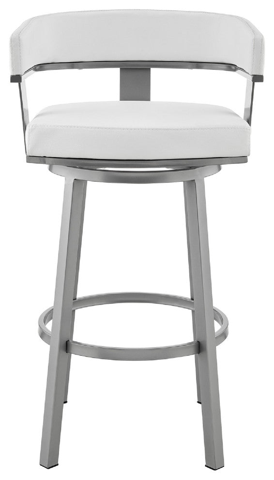 Benzara BM271151 Swivel Barstool, Curved Open Back and Metal Legs, Silver/White