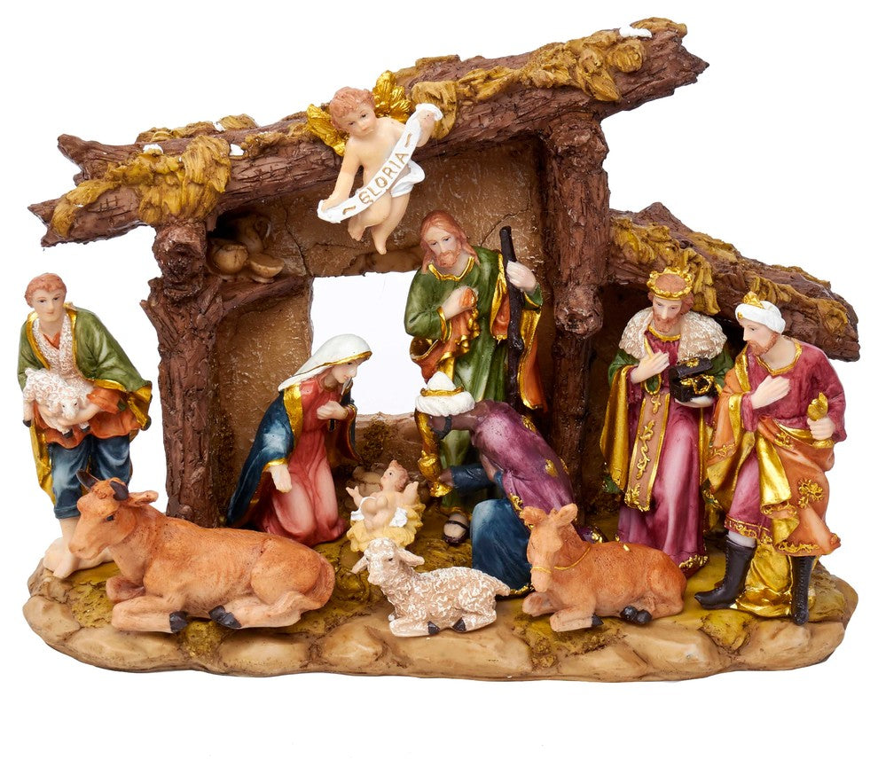 Kurt Adler Resin Nativity Set With Figures and Stable, 11-Piece Set