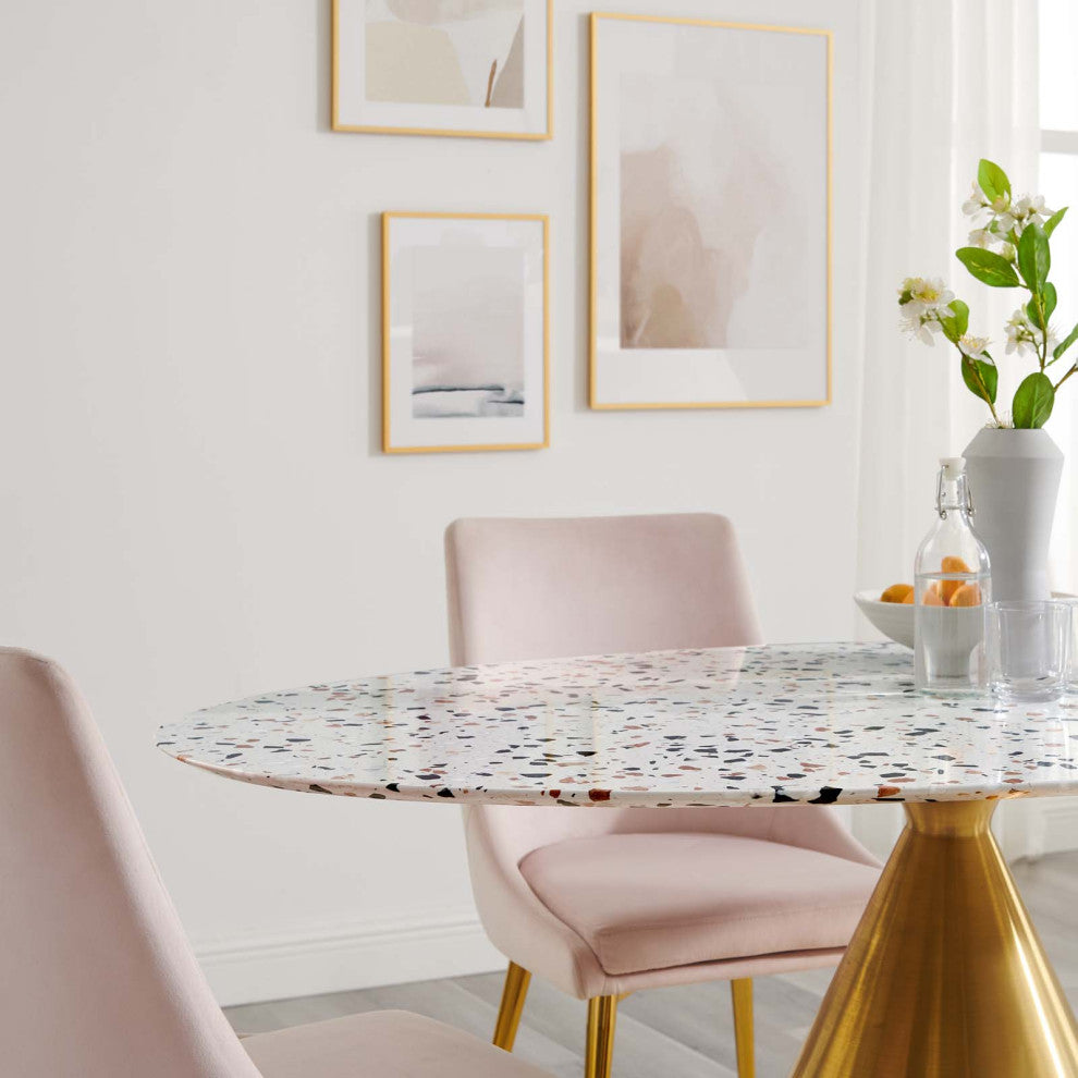 60" Dining Table, Oval, White Gold, Wood, Modern Cafe Bistro Hospitality