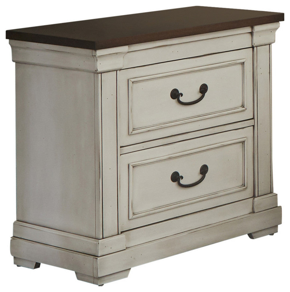 Benzara BM280352 Ivy 28" Nightstand, 2 Drawers, USB Ports, Wood, Brown, White