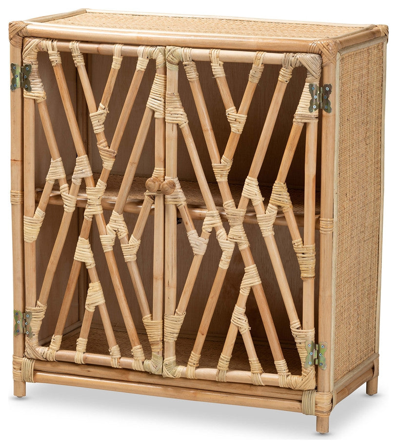 Modern Bohemian Natural Brown Rattan 2-Door Storage Cabinet
