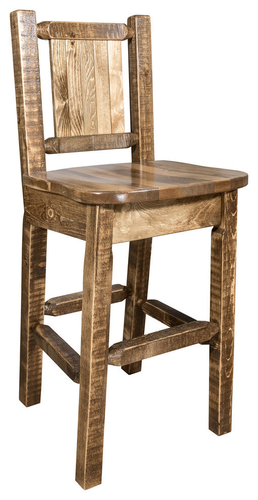 Homestead Barstool With Back, With Laser Engraved Wolf, Clear Lacquer Finish, St