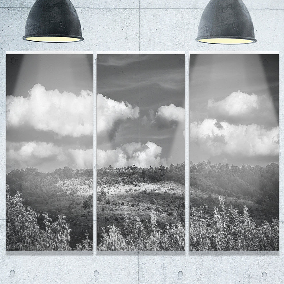 "Green Hills Under Cloudy Sky" Metal Wall Landscape, 3 Panels, 36"x28"