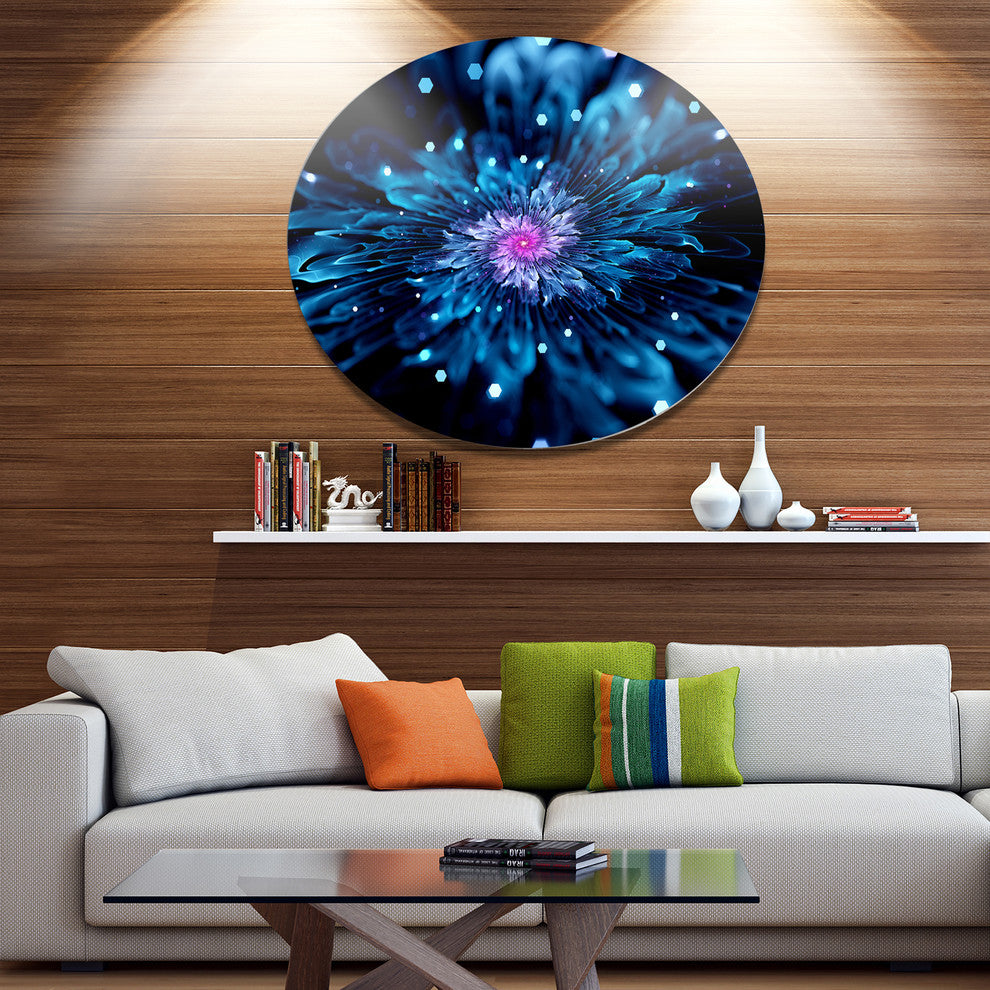 Blue Fractal Flower With Shiny Particles, Flower Round Wall Art, 36"