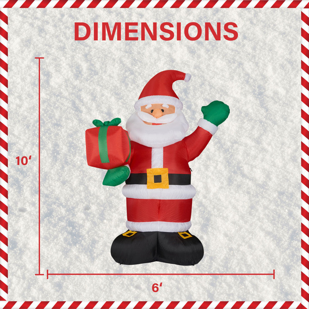 10' Tall Santa Claus Holding a Gift, Blow Up Inflatable With Lights