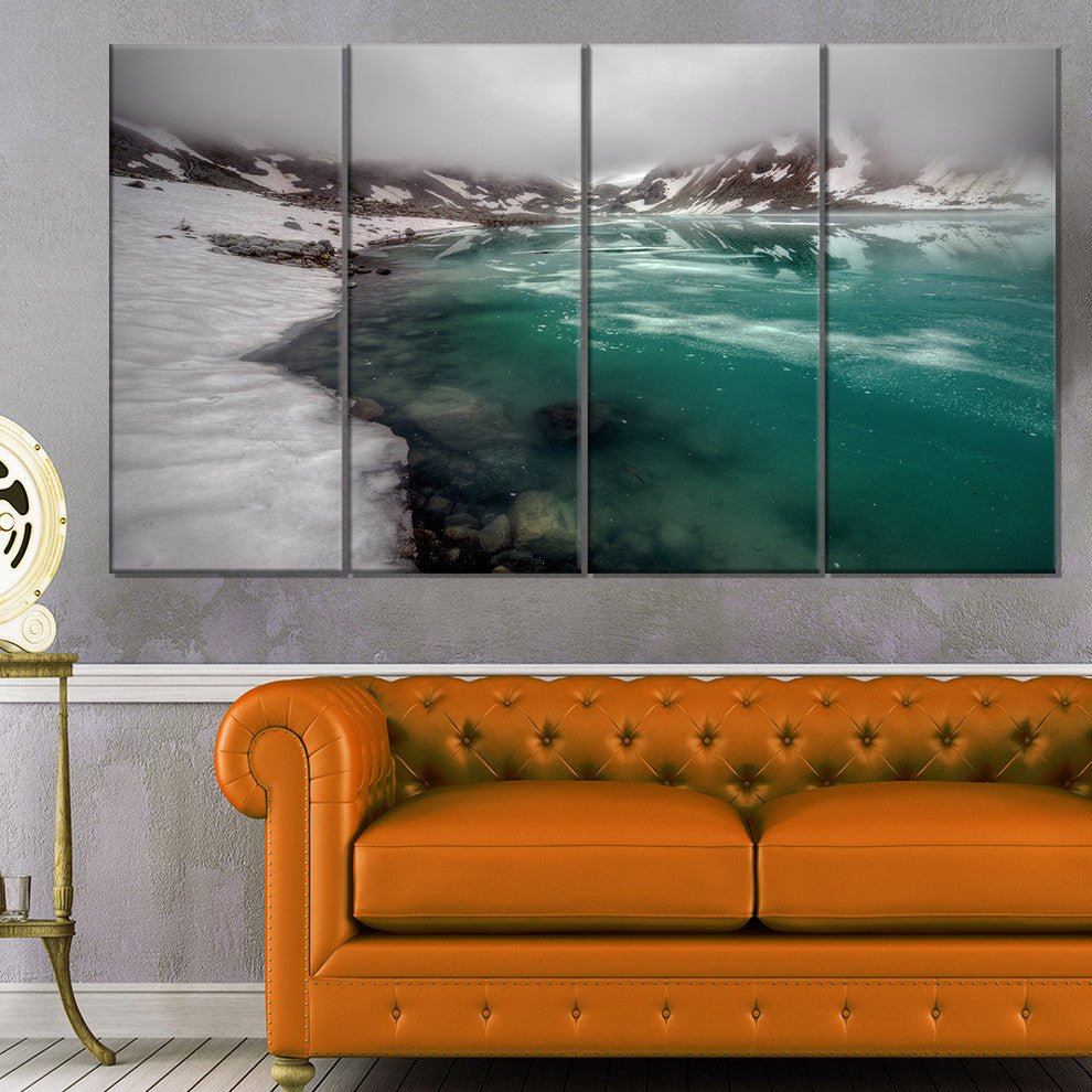 Lake With Icy Topped Mountains, Landscape Canvas Print, 48"x28", 4 Panels