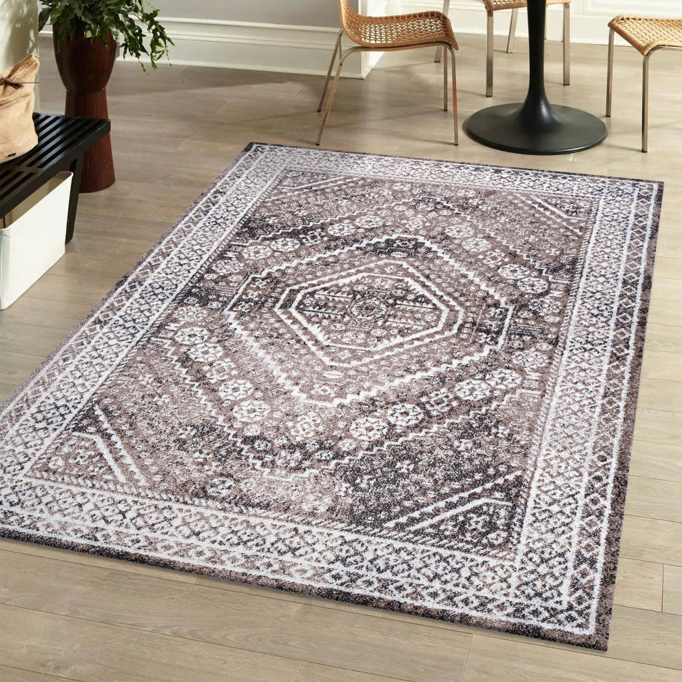 Boho Cottage Medallion Runner Rug, Brown/Ivory, 5'x8'