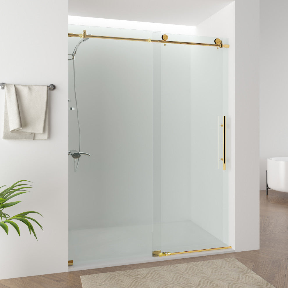 56"“60"Wx76" Frameless Sliding Shower Door With Clear Glass, Titanium Gold