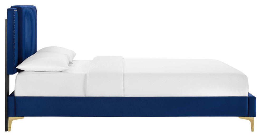 Zahra Channel Tufted Performance Velvet Queen Platform Bed, Navy