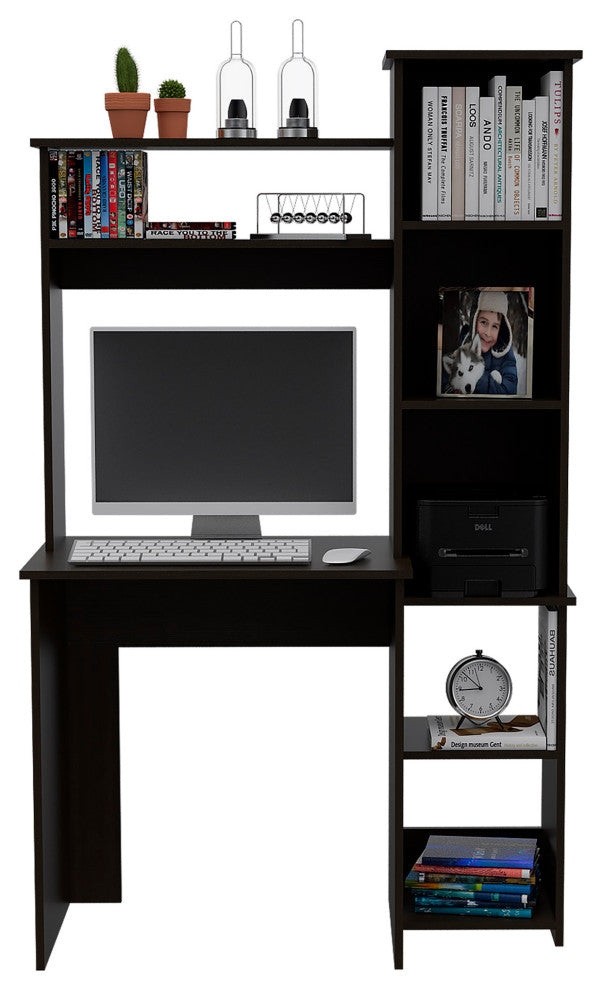 TATEUS 6-Shelf Home Office Writing Desk with Built-in Bookcase, Black