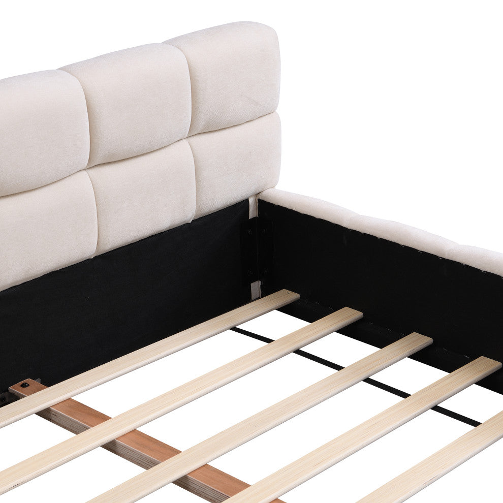 Alice Chenille Upholstered Platform Bed With Checkerboard Design, Beige, King