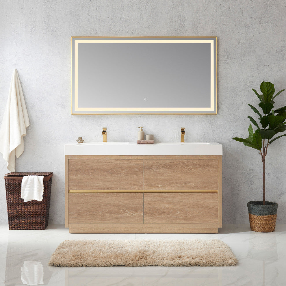 Huesca Bath Vanity, Integrated Sink Top, North American Oak, 60" Double Sink, With Mirror
