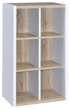 Versatile Six Shelf White and Natural Cubby Bookshelf