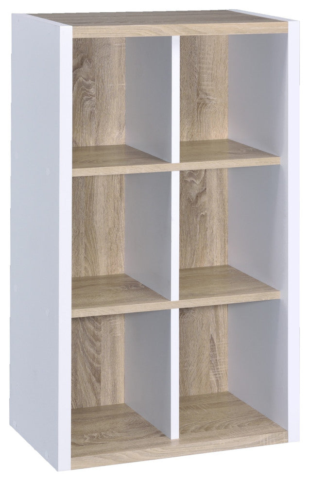 Versatile Six Shelf White and Natural Cubby Bookshelf