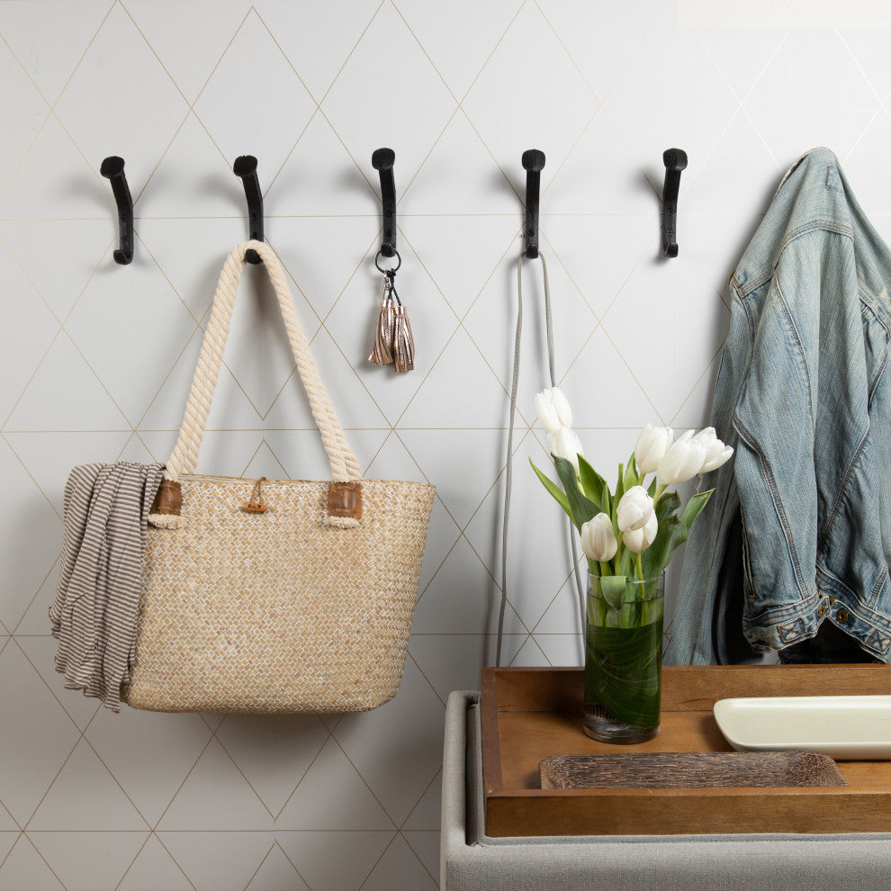 Black Cast Iron Railway Spike Wall Mount Hook Set, Set of 6