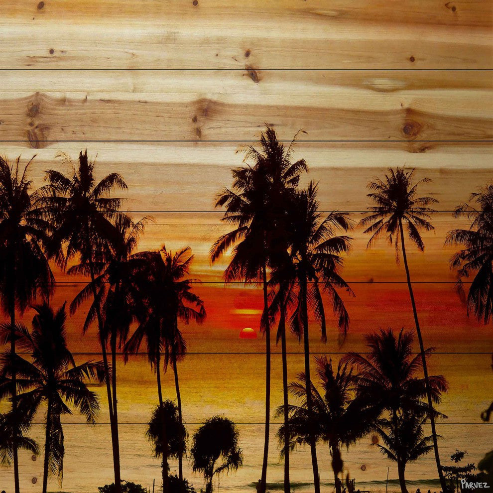 "Sunset Palms" Print on Natural Pine Wood, 24"x24"