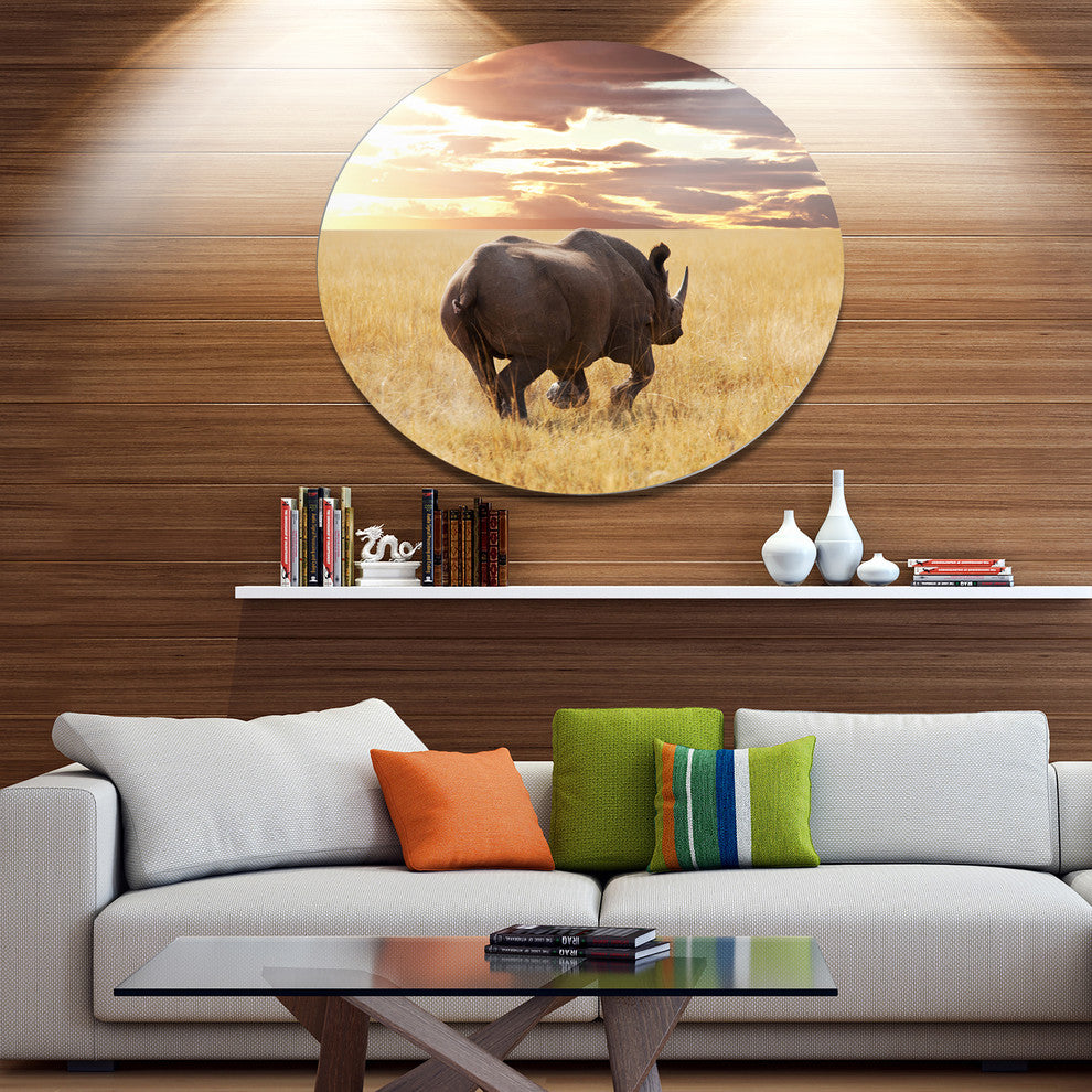 Giant Rhino Under Bright Sky, African Disc Metal Wall Art, 11"