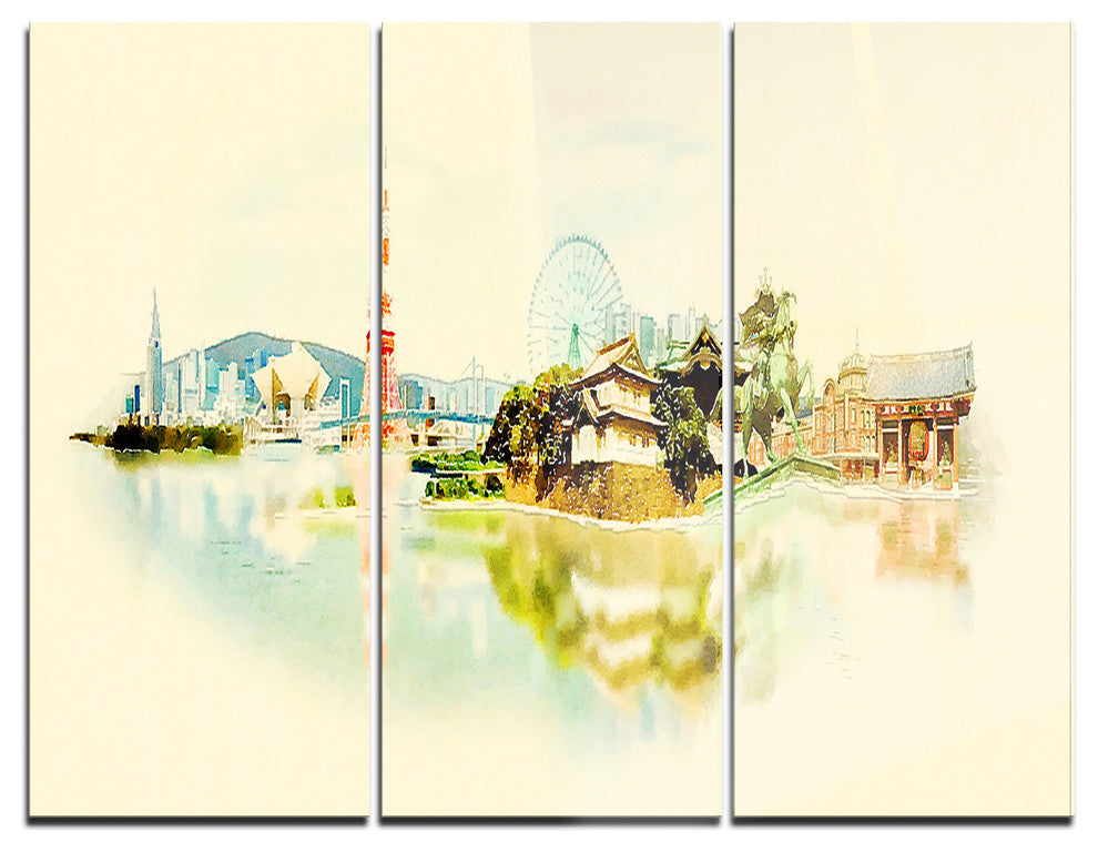 "Tokyo Panoramic View" Watercolor Metal Wall Art, 3 Panels, 36"x28"