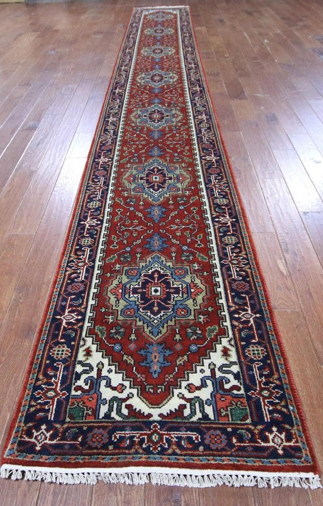 Oriental Red Heriz Serapi Hand-Knotted Wool Rug, 3'x20'