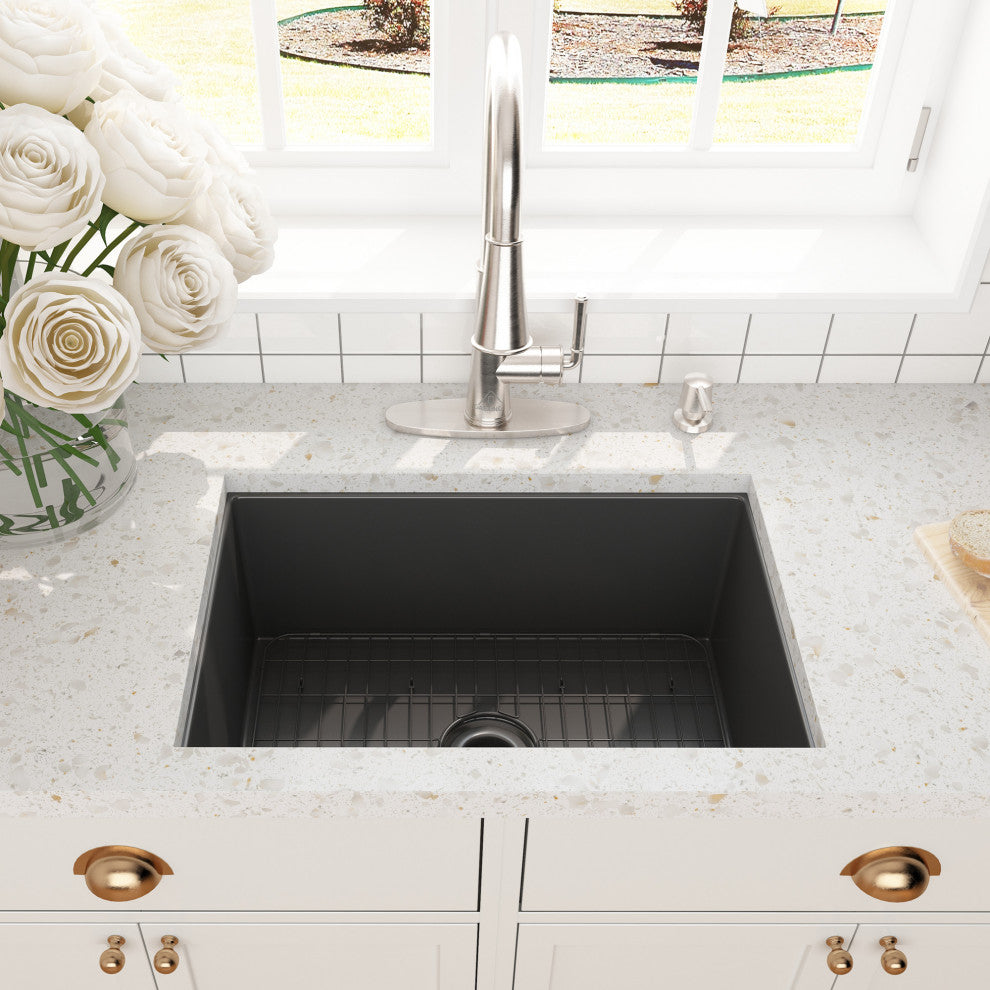 27in Undermount Single Bowl Fireclay Kitchen Sink with Grid and Drainer, Matte Black