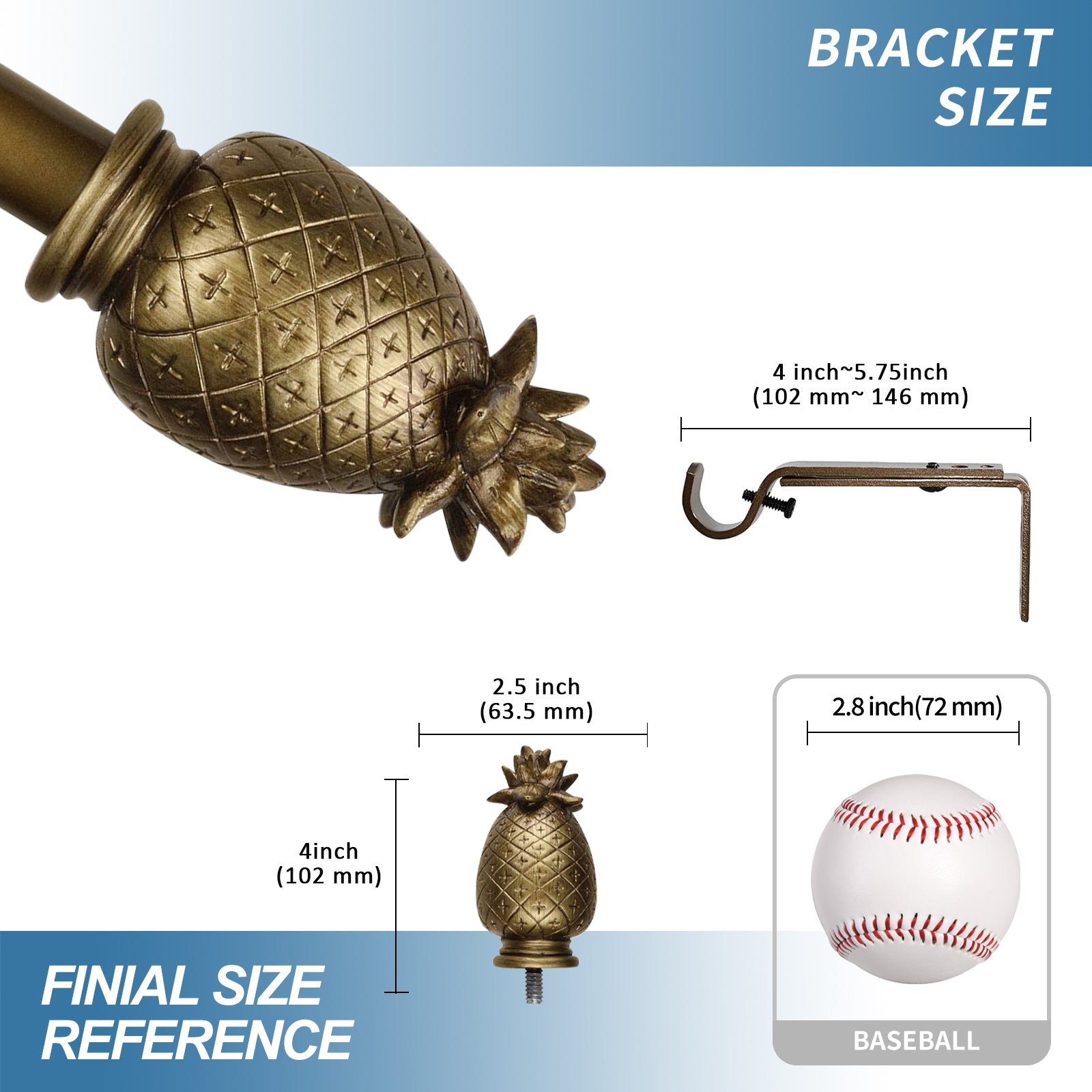 1" Pineapple Curtain Rod, 84"-120", Renaissance Gold