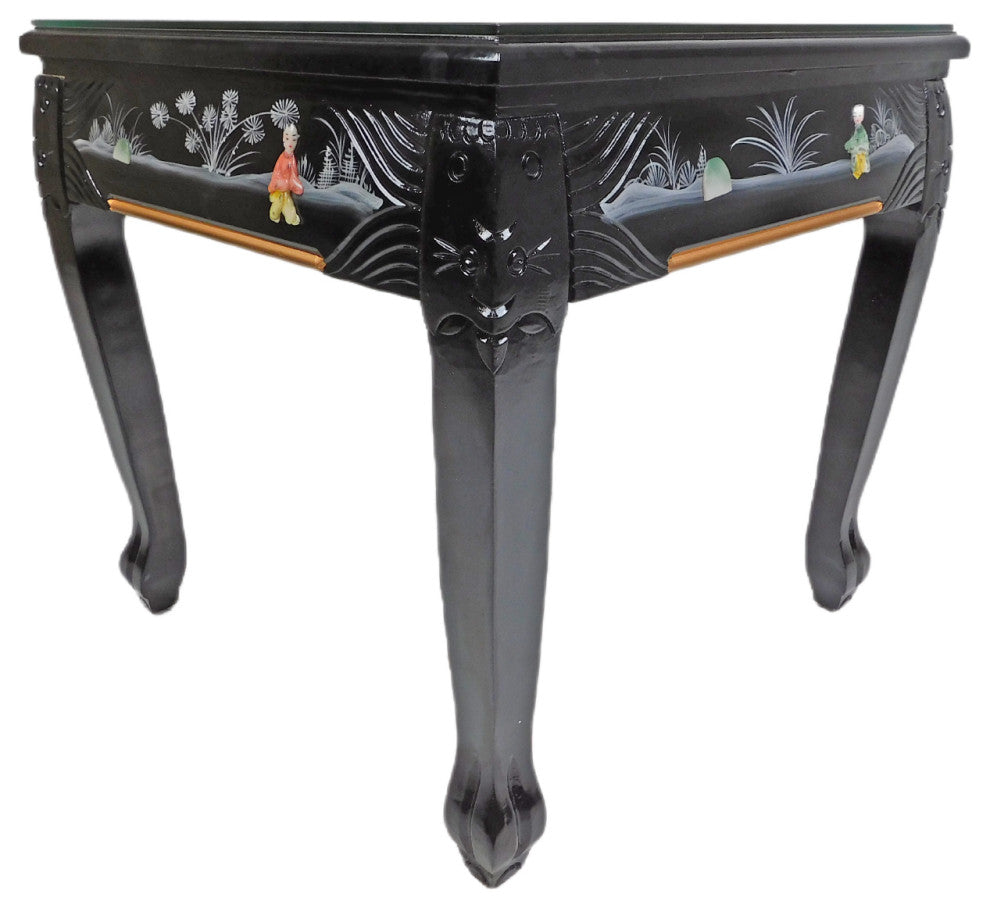 Dragon Leg Oriental End Table Inlaid Pearl, Black Lacquer