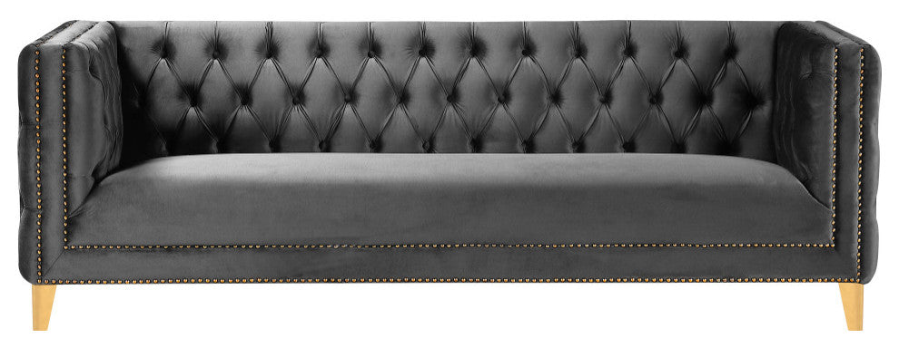 Michelle Fabric Upholstered Chair, Gold Iron Legs, Gray, Velvet, Sofa