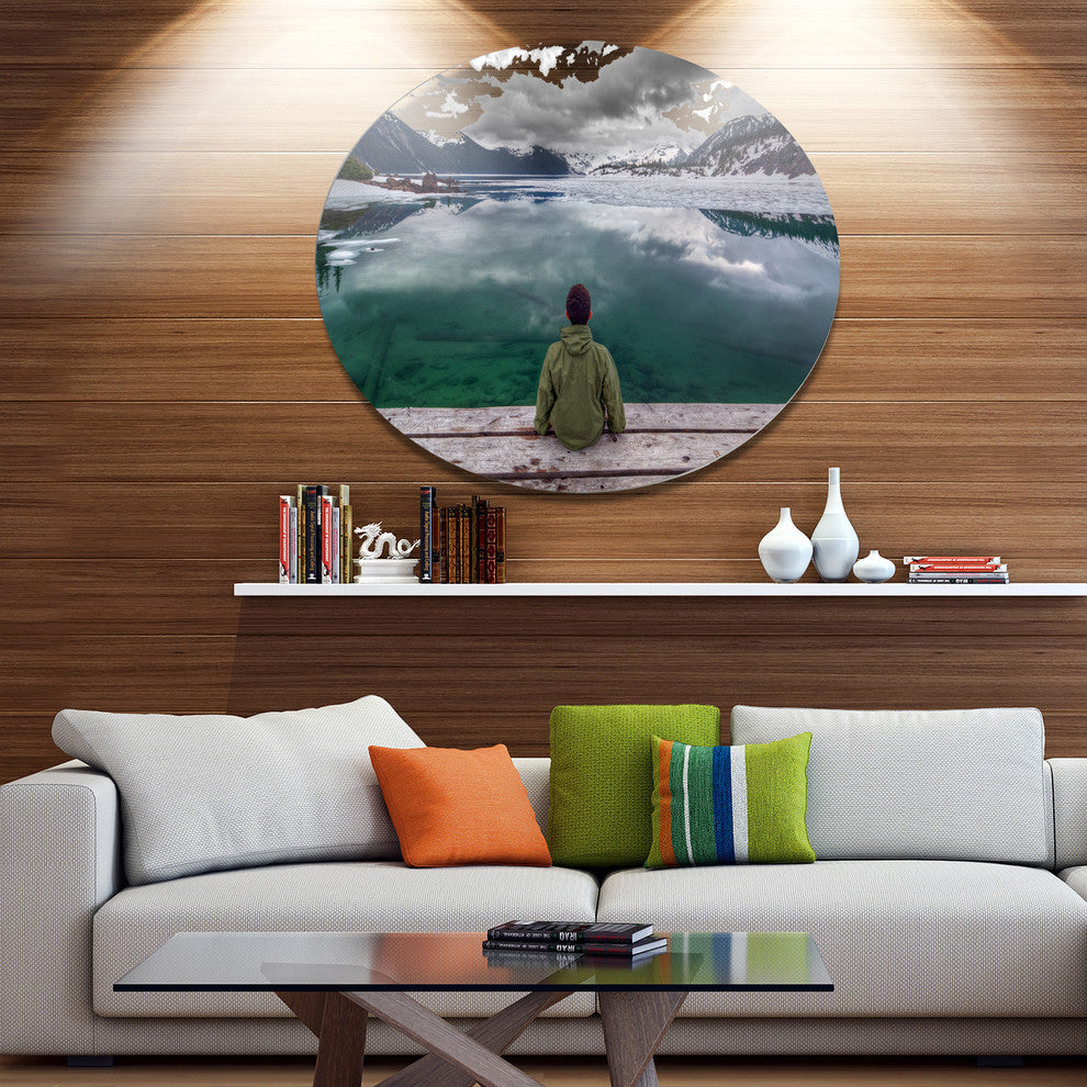 Boy Looking At Clear Mountain Lake, Landscape Round Wall Art, 23"