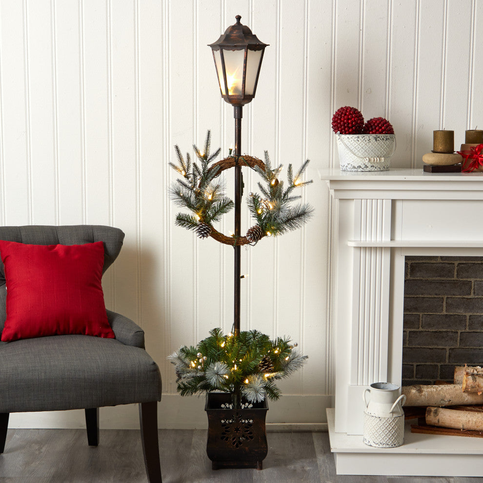 5ft. Pre-lit Lamp Post W/ Faux Greenery, Container & 50 Lights Indoor/Outdoor