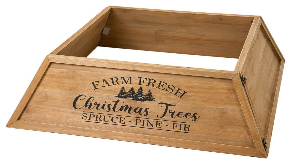 Trapezoid "Farm Fresh" Wooden Christmas Tree Collar, Natural Wood, 40"x40"