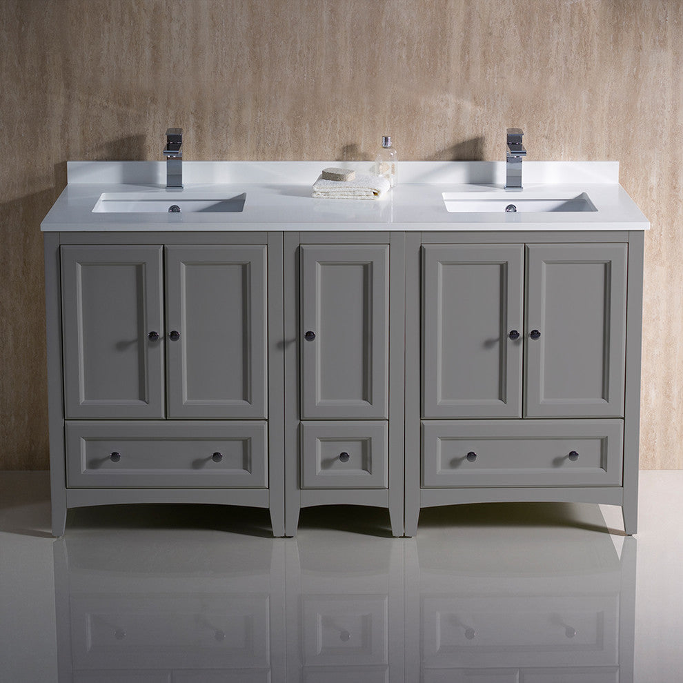 Oxford Double Sink Bathroom Cabinets With Top and Sinks, Gray, 60"