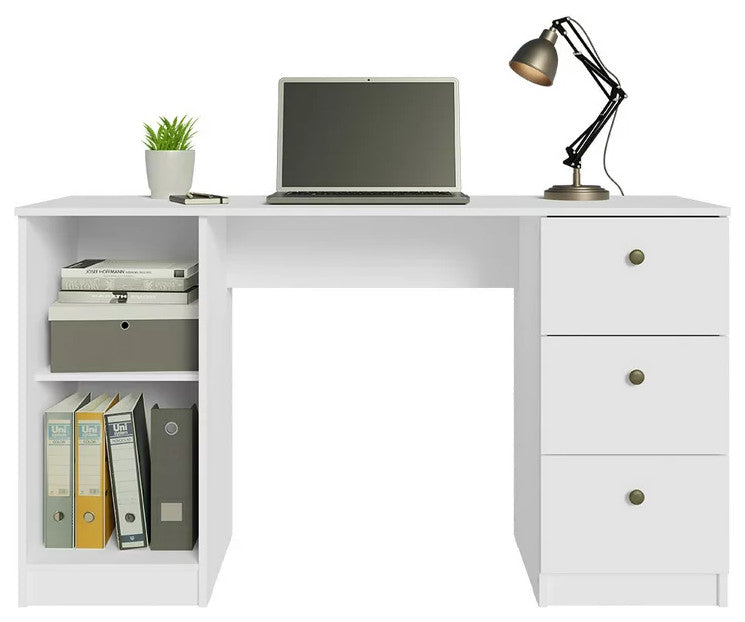 Modern Desk, Spacious Rectangular Top With Drawers & Single Door Cabinet, White