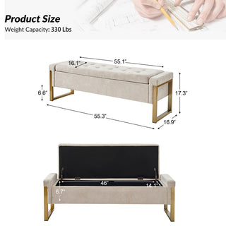48"W Modern Upholstered Flip Top Storage Bench With Metal Legs, Beige