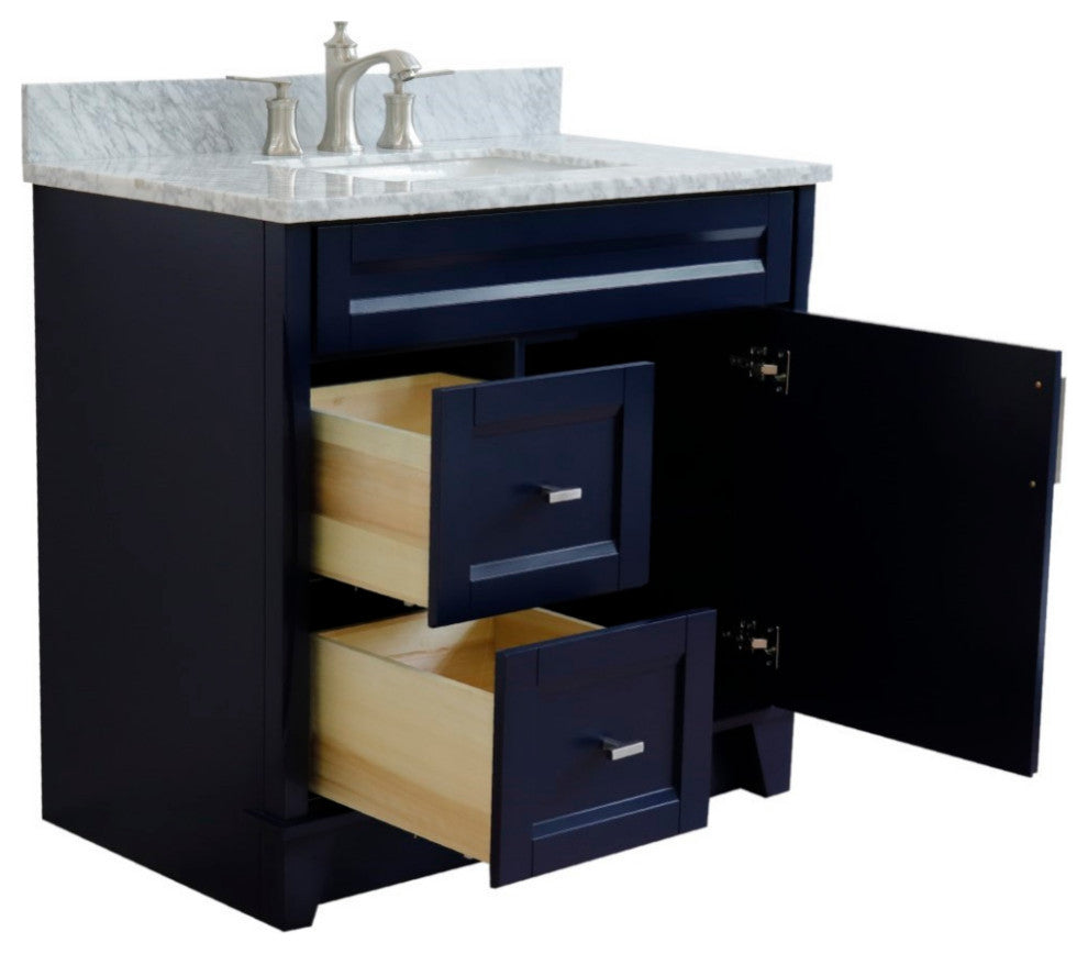 37" Single Sink Vanity, Blue Finish With White Carrara Marble