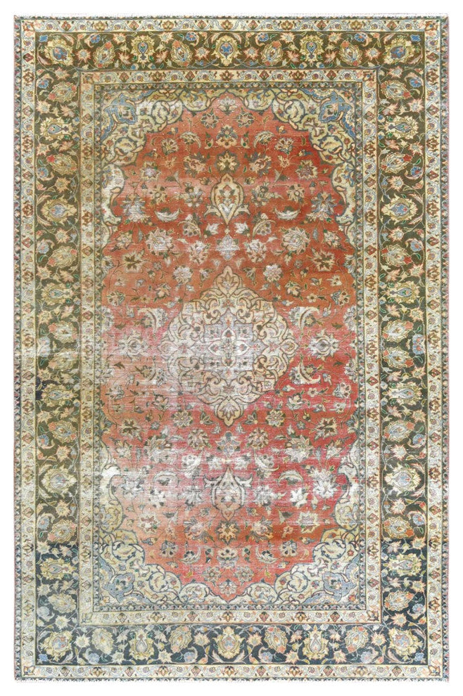 Apricot Color Worn Wool Hand Knotted Vintage Persian Kashan Rug 6'10" x 10'6"
