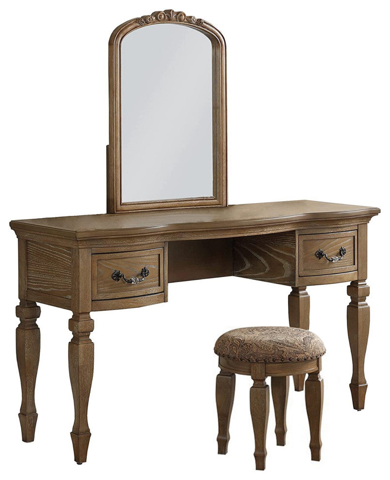 Benzara BM268887 3 Piece Vanity Set With Carved Mirror and Turned Legs, Brown